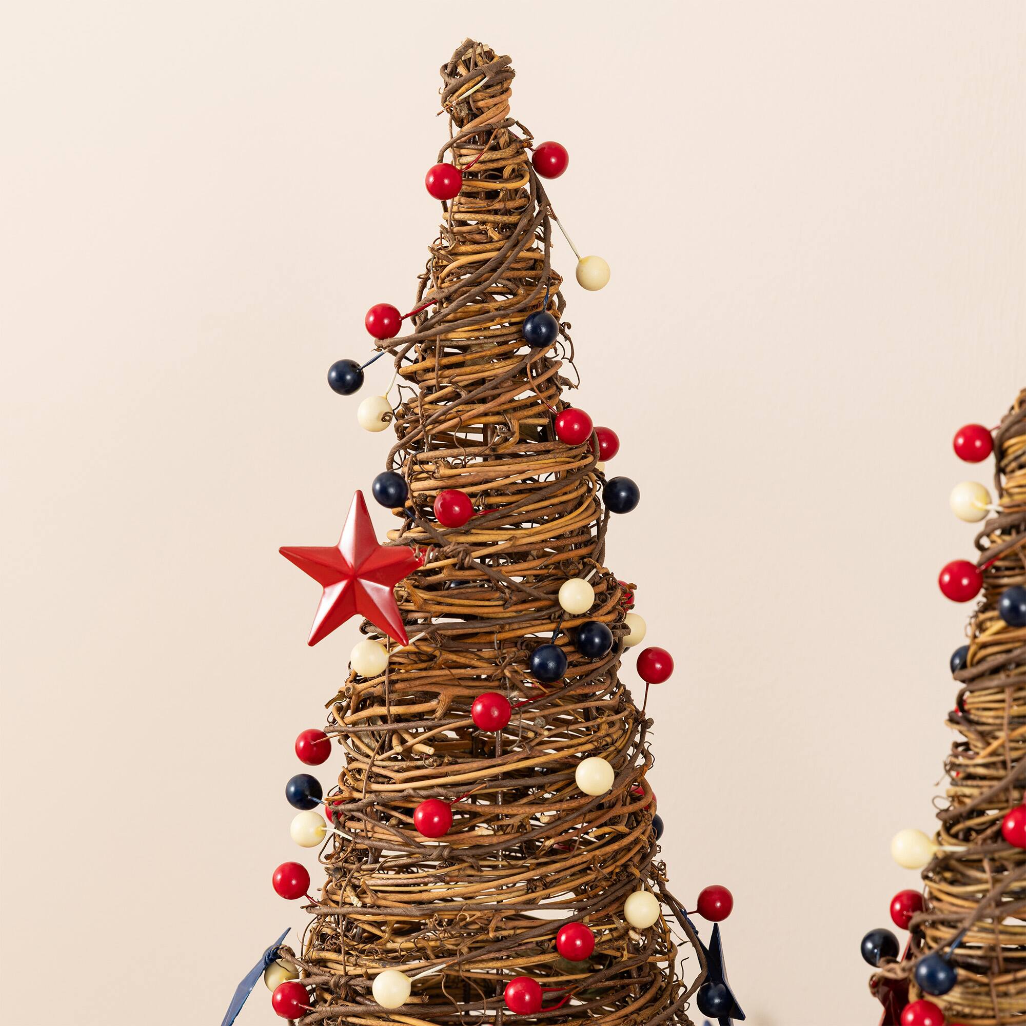 Glitzhome® Set of 2 Patriotic Americana Rattan Stars and Berry Cone Table Trees